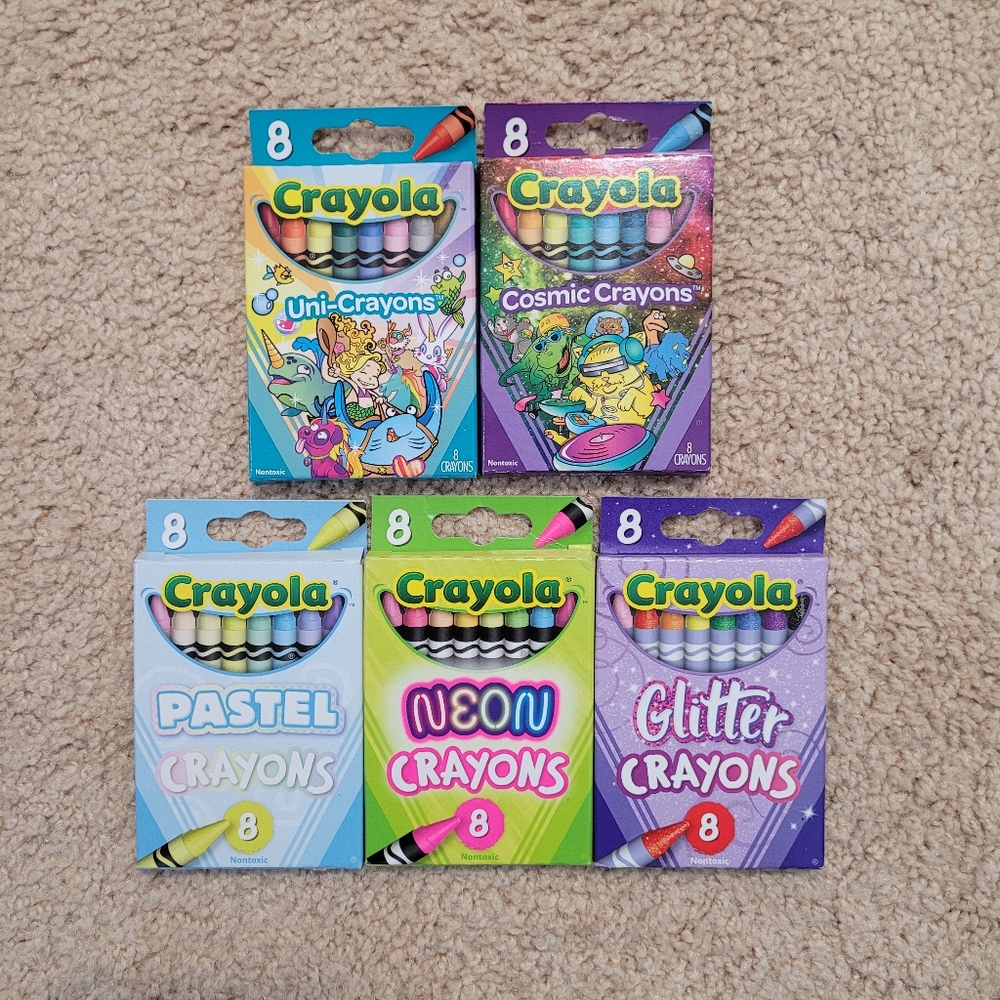 New 5 Boxes Crayola 8 Pack Crayons Neon Pastel Glitter Cosmic Uni-Crayons